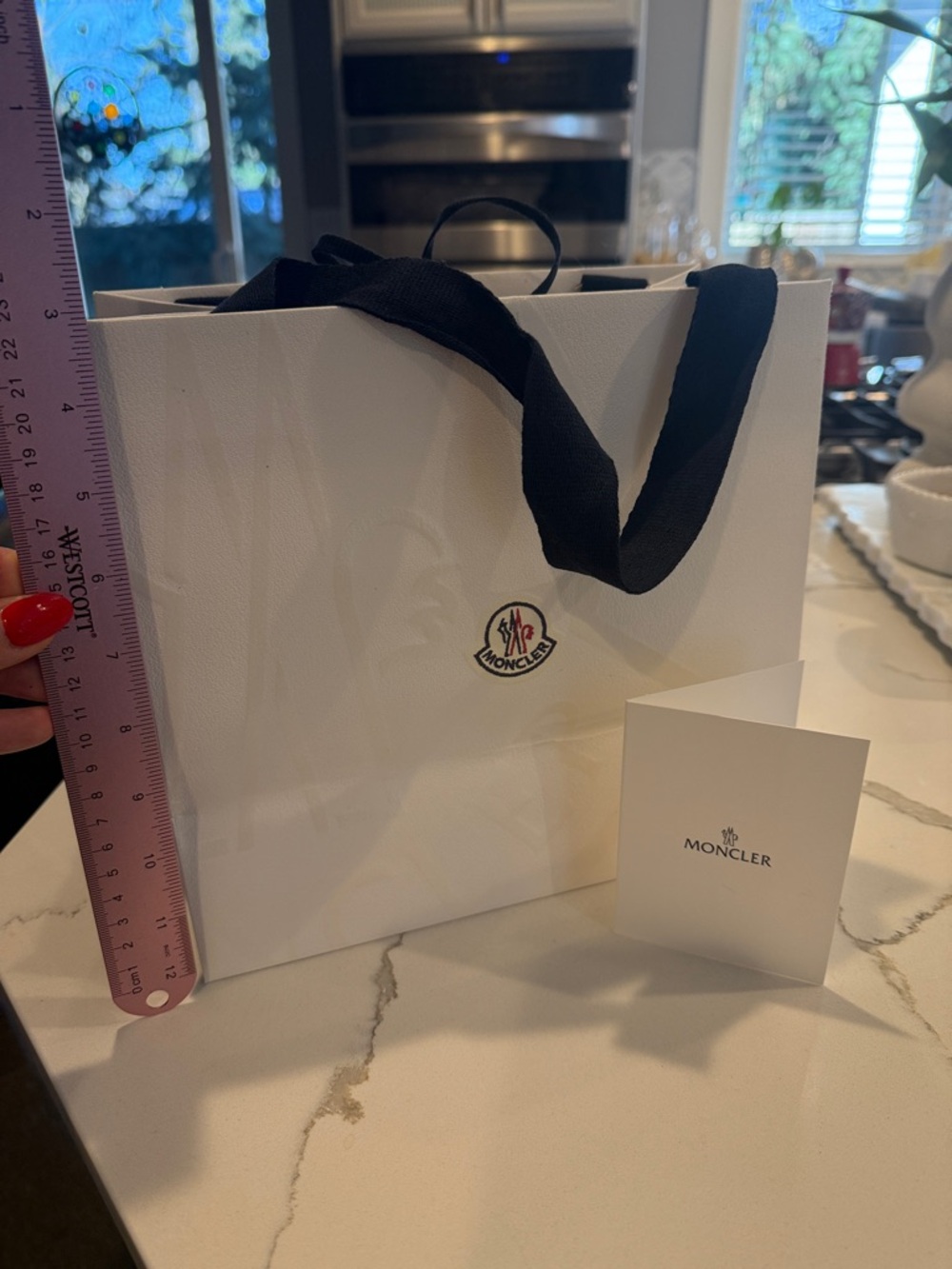 Moncler White Gift Bag with Black Ribbon Handles and Logo